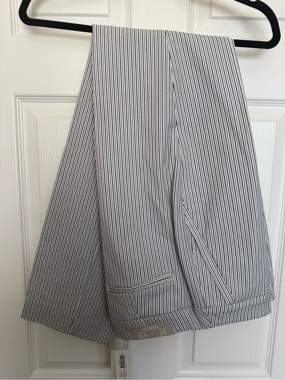 Chico's White So Slimming Straight Leg Dress Pants with Thin Black Pinstripes